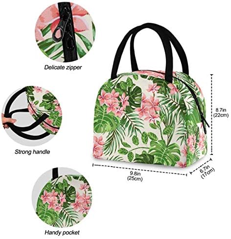YYZZH Pink Hawaiian Flower Monstera palminog lista egzotični Tropski listovi izolovana torba za ručak sa patentnim zatvaračem Cooler Meal Prep torba kutija za ručak torba za odrasle muškarce žene ured kućne škole na otvorenom