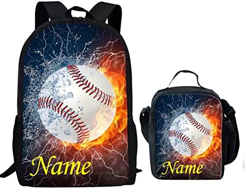UNICEU 3d Bejzbol Print personalizirani ruksak od 17 inča za dječake djevojčice, dodajte dječje ime prilagođene školske torbe sa kutijama za ručak 2 u 1