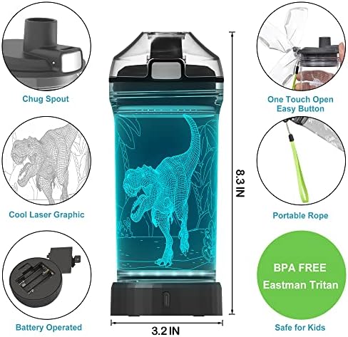 Lightzz Dječija flaša za vodu sa 3D užarenom ajkulom+ LED svjetlom dinosaurusa-14 oz Tritan BPA besplatno-Creative