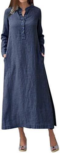 Zefotim posteljina haljina za žene 2023 Ležerne tipke Ležerne prilike s dugim rukavima dolje Saobavi ugrađena Maxi haljina s džepovima