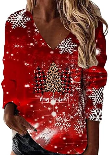 Božićne dukseve za žene 2022 V izrez Sequin Snowman štampane dukseve Casual Dugi rukav labavi pulover topovi
