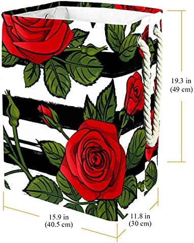 Cvijet crvene ruže ostavlja košaru za veš crne bijele pruge sa ručkama velika sklopiva korpa