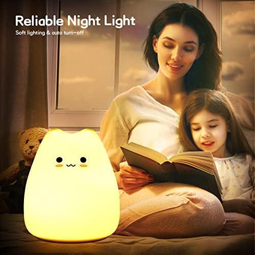 LUNSY slatka noćna svjetla za djecu, Kawaii Cat noćna svjetla sa baterijom, stolna lampa u 7 boja, silikonska