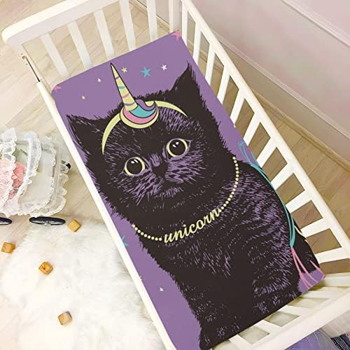 Alaza Crna mačka Kitten Unicorn Satrry Crib listovi opremljeni bassinet list za dječake Baby Girls Toddler, mini veličina 39 x 27 x 27 x