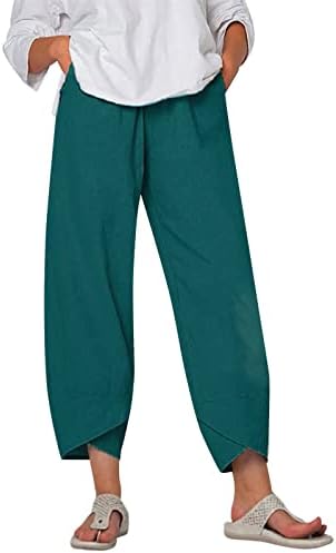 MTSDJSKF Ženske obrezirane hlače, ravna nogu visokog struka labavo pamučno posteljina kapri pant s džepovima za djevojke