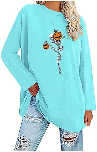 Saxigol dugih rukava Cool Tunic Puloveri Ženska škola Halloween lobanja meka bluza Udobnost okrugli vrat Tanki pulover Žene nebesko plavo