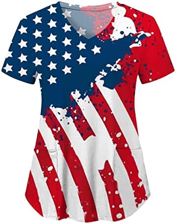 Bluza sa američkom zastavom za žene 4. jula ljetna majica s kratkim rukavom s V izrezom s 2 džepa bluza Top Holiday Casual Workwear