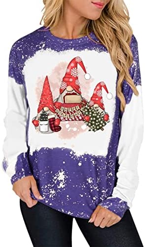 Gnomes božićni duks za žene Leopard Plaid Gnome Grafička majica Casual Dugi rukav Crewneck pulover vrhove