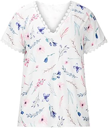 Ženska elegantna majica V vrat Crochet čipke Tops slatki cvjetni tisak kratkih rukava 2023 ljetne dressy bluze