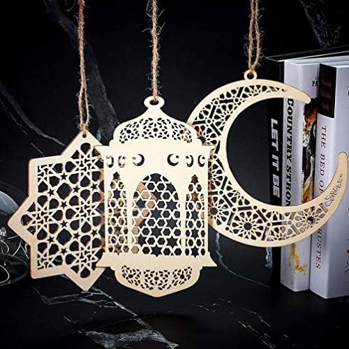 Stobok 9pcs Eid Festival Privjesak ukrasi, drveni ramazan viseći privjesak s svjetiljkom za zvijezdu mjesec