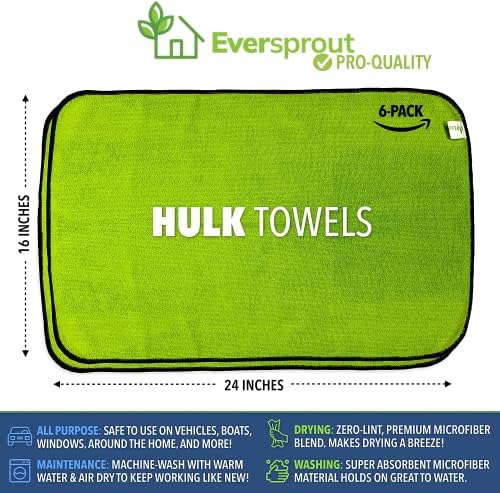 EversProut nulta-ntaint, ručnici za mikrofiber Hulk 24 x 16 | Ultra mekani nikad ogrebotina mikrofibera | Premium Car Detaljni krpa | Super upijajući | Savršeno za čišćenje automobila, pranje, sušenje