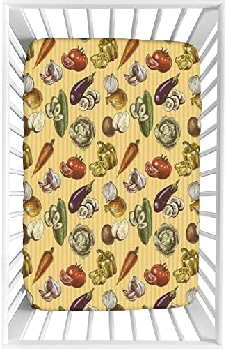 Dekorativni lim sa krevetić, kuhinjski dekor opremljeni mikrofiber univerzalni listovi krevetića, 28 x 52 x 8 , skicirana ruka nacrtana povrća plodovi set listova sa krevetima, za standardne madrace krevetića