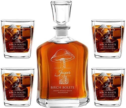 Maverton Whisky carafe + 4 naočare sa graviranjem-23 fl oz. klasični alkoholni dekanter za čoveka-elegantan set viskija za njega-za rođendan-personalizovani Set za poznavaoca-pečurke