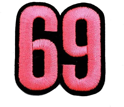 Obokata Glačalo na zakrpu, broj 69 zakrpe, ružičasti izvezeni znački šivati ​​grb Applique DIY dodaci za prsluke, odjeću, košulje, kape, torbe, hlače i traperice. 2.1 x 2.2