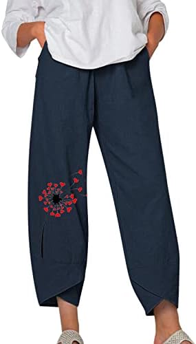 Casual capri pantalone za žene široka noga pamučna posteljina Capri pant cvjetni print plus veličine vrećice sa džepovima
