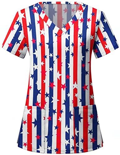 Majica sa američkom zastavom za žene 4. jula ljetna kratka rukava V majica sa izrezom sa 2 džepa bluza Top Holiday Casual radna odjeća