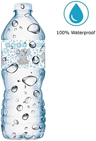 20 etiketa za flašu vode Blue Elephants za zabavu za tuširanje beba ; vodootporni omoti za flašu vode; Its