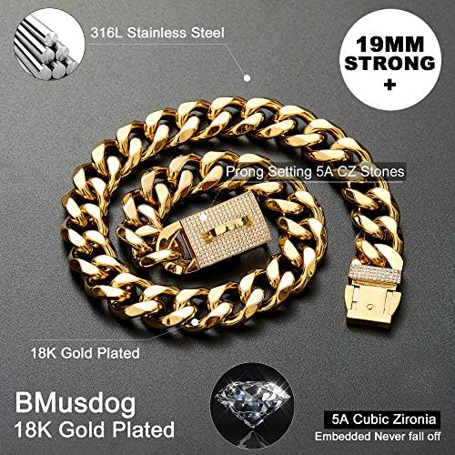 BmusDog zlatni lanac ovratnik sa blagim blagim cz dimonds 19 mm teški debeli 18K zlatni kubanski lančani lančani od nehrđajućeg čelika metalni linkovi ogrlicu za hodanje