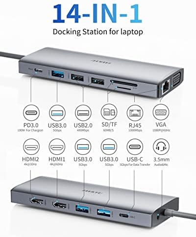 USB C priključna stanica Dual Monitor, 14 u 1 USBC Trostruki ekran višestruki Adapter, prenosivi tip C čvorište sa 2 HDMI, VGA,100w PD, Mic / Audio, SD / TF, Ethernet portovi kompatibilni za Dell/Surface / HP laptopove