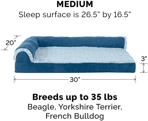 Furhaven srednji ortopedski krevet za pse dvobojno umjetno krzno & amp; Antilop L u obliku ležaljke sa uklonjivim Perivim poklopcem - morska plava, Srednja