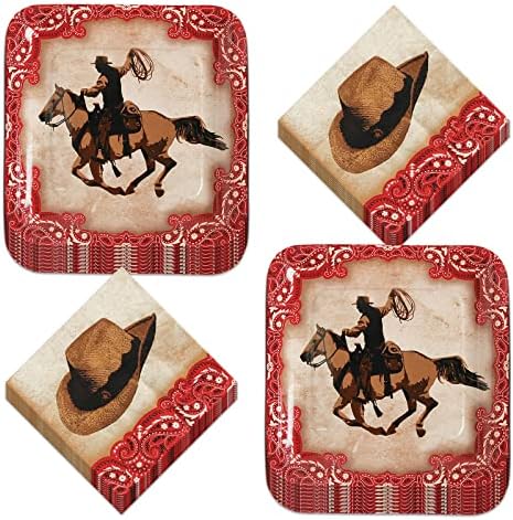 Western Party Supplies - Horse and Wild Western Rider papirni tanjiri za večeru i kaubojski šešir salvete za ručak