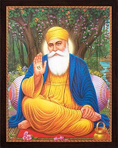 HandicraftStore Guru Nanak dev Ji sjedi pod drvetom i davanje blagoslova sa Ekumkarskom simbolom u ruci, sikh religiozni plakat s okvirom, mora za Sikh obiteljsku kuću / ured / namjenu uredske namjene