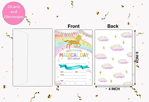 Kartice za rođendanske zabave Lesixur za djecu, Rainbow Unicorn Party poziva, slavlje stranke za tinejdžere, čarobne zabavne kartice, potrepštine za zabave, personalizirane 20 karata sa kovertama
