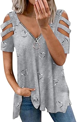 Miashui pamučna majica sa dugmadima žene Casual Heart Print V vrat sa zatvaračem kratki rukavi