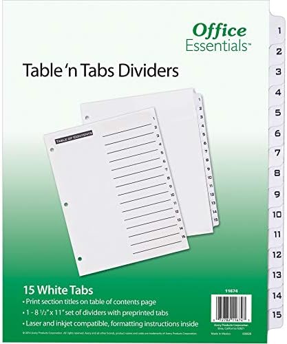 Office Essentials 11674 tabela ' n tabs Dividers, 15-Tab, pismo