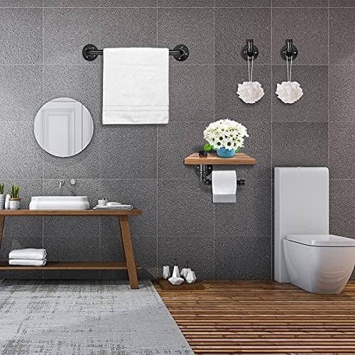 Hqistar kupatilo, 4-komadni rustikalni stil kupaonica Komplet zida montirana uključuje dvije rube, držač za toaletni papir s drvenom policom, 18 '' ručnik za kupatilo, mat crna