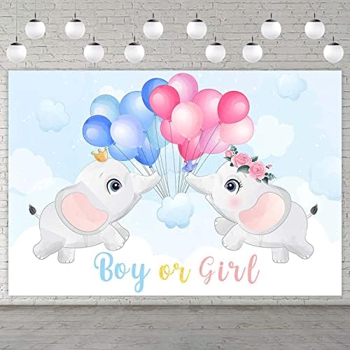 Dječak ili djevojčica Slatki slon Banner Backdrop Cloud Balloon Kontrole za životinje Dekor ukrase za spol Povećaj zabavu za bebe 1. rođendana On ili ona koja će beba biti zabava plava i ružičasta