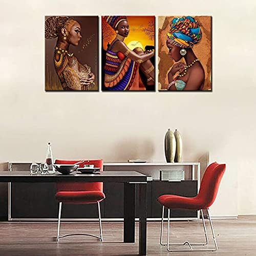 Afričke žene portret platnena zidna umjetnost za dekor dnevne sobe 3 komada šareno čudno Afrička djevojka uljane slike braon Kuhinjski zidni dekor umjetničko djelo Kućni dekor soba zidne slike uokvirene 60x28 inča
