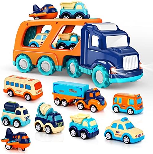 9 paket automobila igračke za 2 3 4 5 godina mališani poklon za dječake i djevojčice, veliki transportni kamion sa 8 malih slatkih vučnih kamiona, šareni set za igru raznih vozila, nosač kamiona sa zvukom i svjetlom