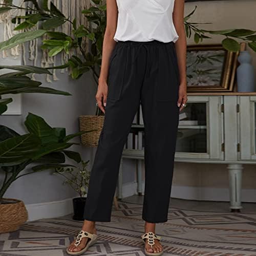 Pamučne lanene pantalone za žene letnje Casual pantalone sa džepovima široke elastične čvrste elastične