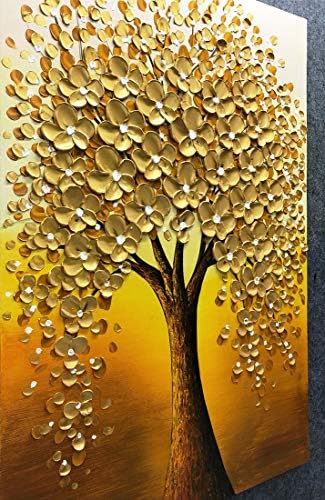Yotree uljane slike, 24x36 inča zlatno cvijeće Drvo Luck drvo ulje ručno slikarstvo 3d ručno oslikano na platnu apstraktno umjetničko djelo umjetnost drvo unutar uokvirenog ukrasa za viseći zid apstraktna slika