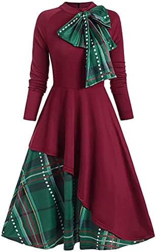 NOKMOPO Formalna haljina Ženska vintage okrugli vrat Plaidni patchwork mock gumb Dugi rukav haljina Strit Party Dugres
