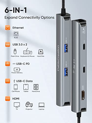 CableCreation 6 u 1 USB-C hub sa USB-C portovima, dva USB C porta za MacBook Pro / Air, iPad Pro / Air / Mini 6, Surface Pro, XPS+ USB 3.1 a za Tip C kabla