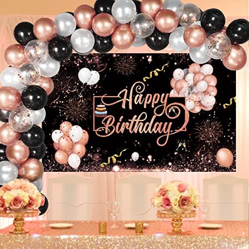 Rose Gold Crna Sretan rođendan izuzetno veliki pozadinski Baner sa 50kom metalik sjajni baloni od lateksa