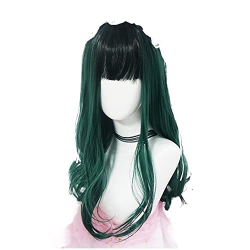 DUNEL perike kosa za žene duga kovrčava kosa perika sa šiškama crna i zelena valovita perika za Cosplay