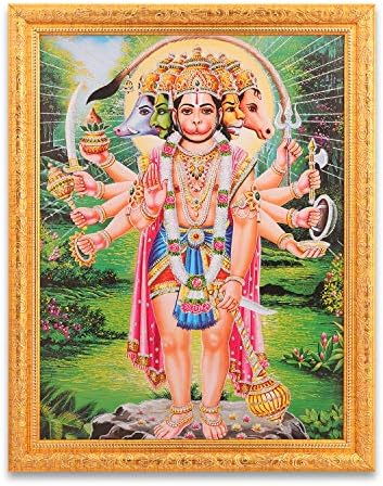 Panchmukhi Hanuman Silver Zari umetnička fotografija u zlatnom okviru Veliki religiozni zidni dekor