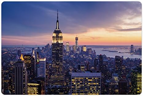Lunarable moderna prostirka za kućne ljubimce za hranu i vodu, Horizont New Yorka s neboderima u noći zalaska sunca Američka Urbana slika, pravougaona neklizajuća gumena prostirka za pse i mačke, plava narandžasta