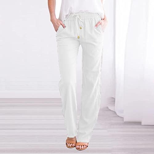 Ethia posteljina teretna hlače Žene široko noga visokog struka elastične posteljine za crtanje sa džepovima