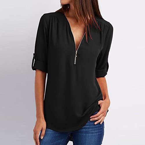 Šifon majica žensko Ljeto jesen 2023. odjeća s dugim rukavima V izrez zip up labav fit casual bluza majica za djevojke w0