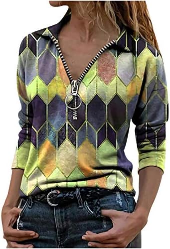 Ženske prolećne duge rukave modni rever geometrijski Print Zipper Casual bluza majice majice