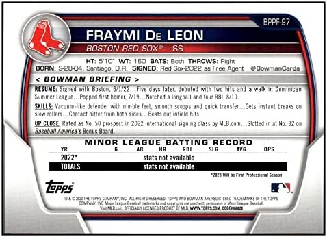 Fraymi de Leon RC 2023 Bowman 1. izdanje BPPF-97 Rookie NM + -MT + MLB bejzbol crveni sox