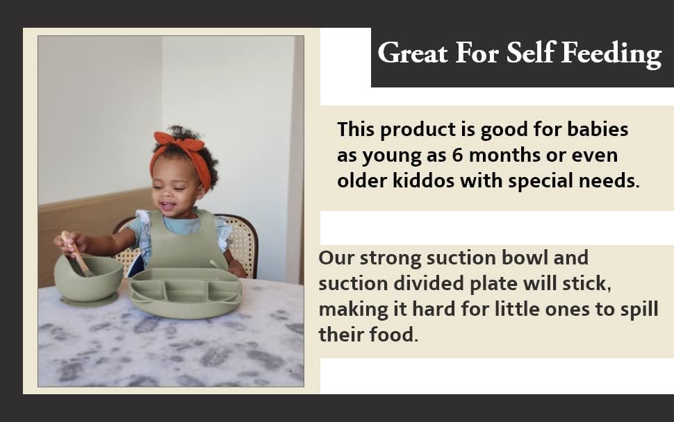 Oliver and Sage set za hranjenje beba / BPA besplatno | usisna posuda | usisna ploča | Podesiva bebi Bib | drvena kašika & viljuška / Set za hranjenje mališana |Baby Led potrepštine za odvikavanje |silikon | 5 komada