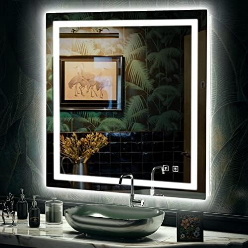 SHUAFA LED ogledalo za kupatilo, 36x36 inča sa pozadinskim osvetljenjem + prednje osvetljeno ogledalo za kupatilo sa svetlima, dvostruke svetlosne trake visoke gustine, 3 boje, neprobojno, protiv magle i memorije osvetljenosti