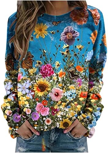 Ženski Casual cvjetni Print Dugi rukav pulover Tops Crewneck Casual Loose Duks lagana udobna bluza
