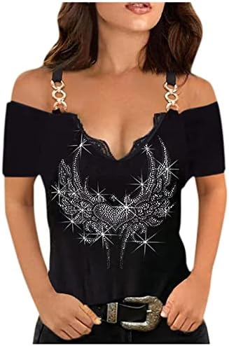 Hladne vrhove ramena za žene čipka dubokih V izrez kratki rukav majica casual grafička majica za