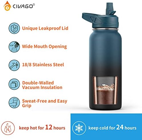 CIVAGO 32 oz izolovana flaša za vodu sa slamkom, šolja za sportsku tikvicu za vodu od nerđajućeg čelika sa